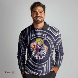 Fremantle Dockers Long Sleeve Polo Shirt Indigenous Monochrome Dot Art Mascot Style TS04