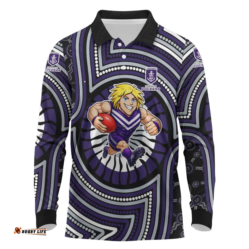 Fremantle Dockers Long Sleeve Polo Shirt Indigenous Monochrome Dot Art Mascot Style TS04