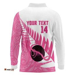 New Zealand Lawn Bowls Breast Cancer Custom Long Sleeve Polo Shirt Aotearoa Maori Silver Fern Pink Ribbon LT14