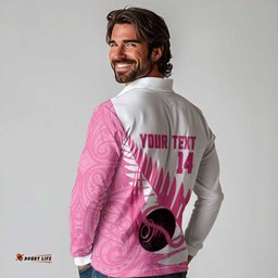 New Zealand Lawn Bowls Breast Cancer Custom Long Sleeve Polo Shirt Aotearoa Maori Silver Fern Pink Ribbon LT14