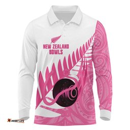 New Zealand Lawn Bowls Breast Cancer Custom Long Sleeve Polo Shirt Aotearoa Maori Silver Fern Pink Ribbon LT14
