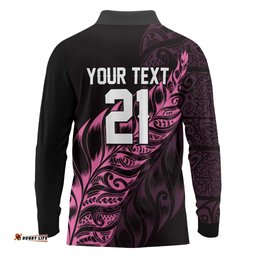 New Zealand Lawn Bowls Custom Long Sleeve Polo Shirt Pink Maori Warrior Tribal Silver Fern LT9