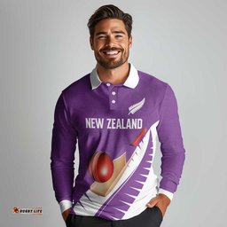 Custom New Zealand Cricket Long Sleeve Polo Shirt Kiwi Birds Haka Dance Purple Fern Sporty Style LT03
