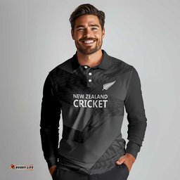 New Zealand Cricket Custom Long Sleeve Polo Shirt Potae Pango Black Fern Pattern LT9