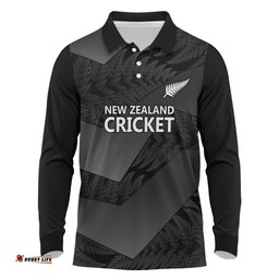 New Zealand Cricket Custom Long Sleeve Polo Shirt Potae Pango Black Fern Pattern LT9