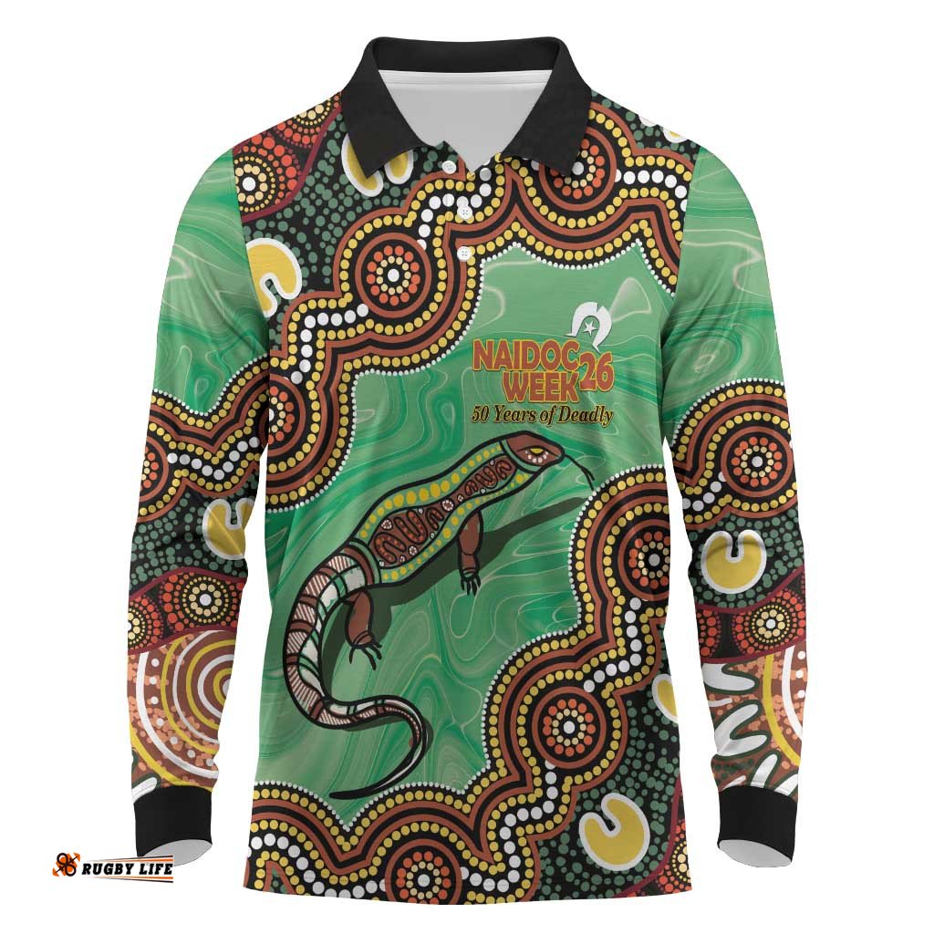 Personalised Australia Goanna NAIDOC Week 2026 Long Sleeve Polo Shirt 50 Years of Deadly Aboriginal Art LT14