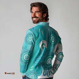 NAIDOC Week 2026 Long Sleeve Polo Shirt 50 Years Deadly Dhari Cyan Aboriginal Art LT14