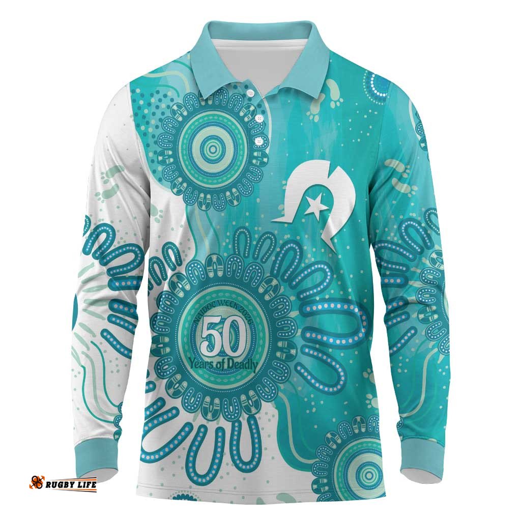 NAIDOC Week 2026 Long Sleeve Polo Shirt 50 Years Deadly Dhari Cyan Aboriginal Art LT14