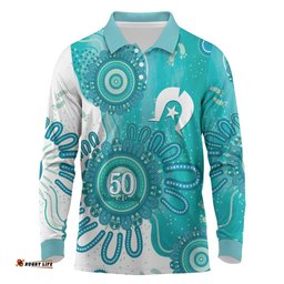 NAIDOC Week 2026 Long Sleeve Polo Shirt 50 Years Deadly Dhari Cyan Aboriginal Art LT14