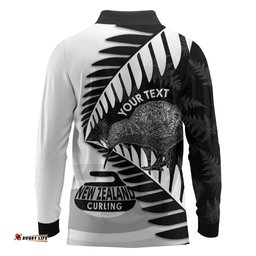 New Zealand Silver Fern Curling Personalised Long Sleeve Polo Shirt Aotearoa Kiwi Ponga Black White Version LT14