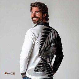 New Zealand Silver Fern Curling Personalised Long Sleeve Polo Shirt Aotearoa Kiwi Ponga Black White Version LT14