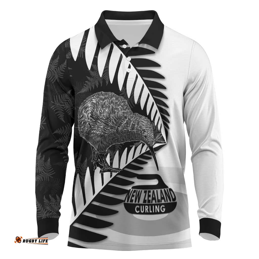 New Zealand Silver Fern Curling Personalised Long Sleeve Polo Shirt Aotearoa Kiwi Ponga Black White Version LT14
