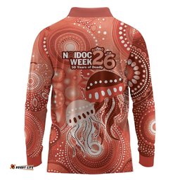 NAIDOC Deadly 50 Years Long Sleeve Polo Shirt Jellyfish Aboriginal Culture Inspired Red LT9