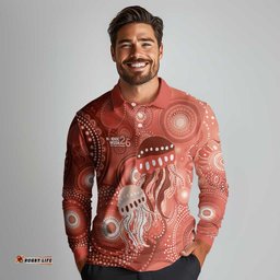 NAIDOC Deadly 50 Years Long Sleeve Polo Shirt Jellyfish Aboriginal Culture Inspired Red LT9