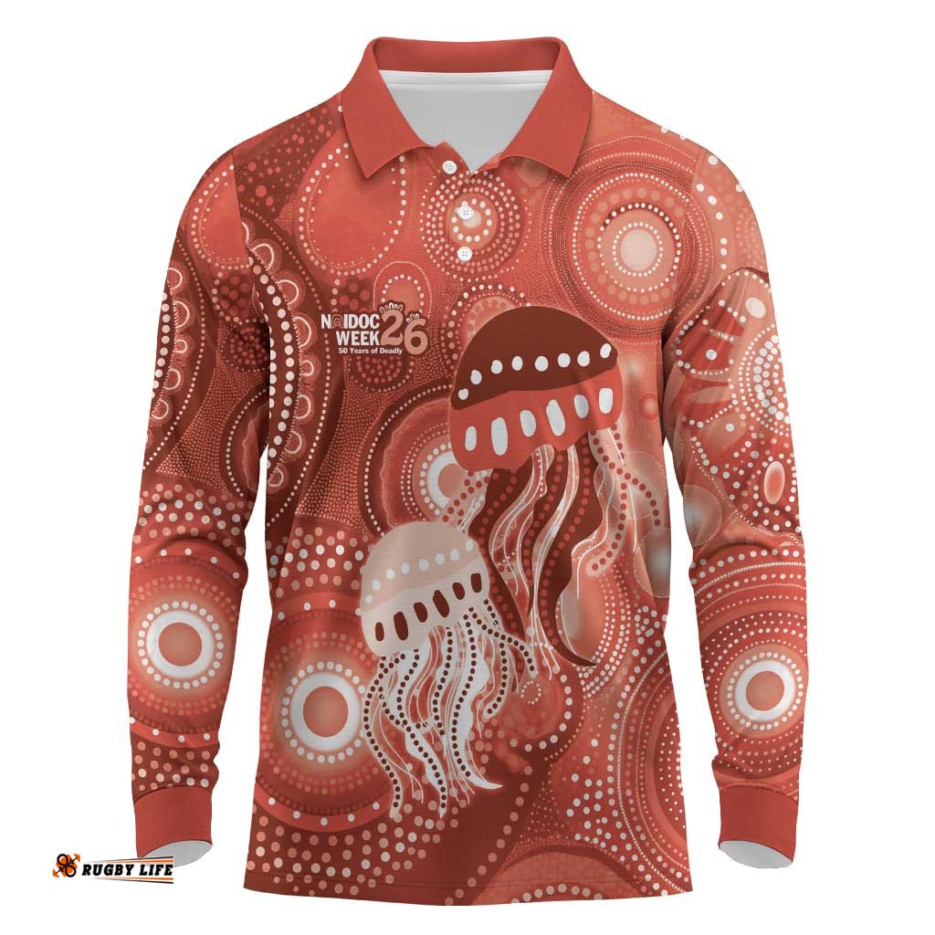 NAIDOC Deadly 50 Years Long Sleeve Polo Shirt Jellyfish Aboriginal Culture Inspired Red LT9
