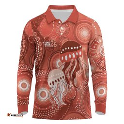 NAIDOC Deadly 50 Years Long Sleeve Polo Shirt Jellyfish Aboriginal Culture Inspired Red LT9