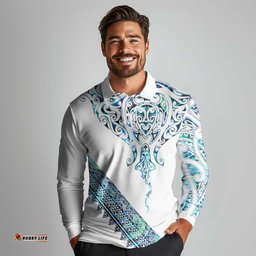 Kahui Whetu Paua shell Kowhaiwhai Taniko Personalised Long Sleeve Polo Shirt Manta Ray Shark-Turtle Maori Tribal Style LT9