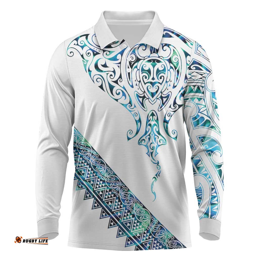 Kahui Whetu Paua shell Kowhaiwhai Taniko Personalised Long Sleeve Polo Shirt Manta Ray Shark-Turtle Maori Tribal Style LT9
