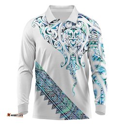 Kahui Whetu Paua shell Kowhaiwhai Taniko Personalised Long Sleeve Polo Shirt Manta Ray Shark-Turtle Maori Tribal Style LT9