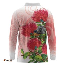 New Zealand Fantail Long Sleeve Polo Shirt Maori Koru With Pohutukawa Flowers LT05