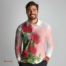 New Zealand Fantail Long Sleeve Polo Shirt Maori Koru With Pohutukawa Flowers LT05