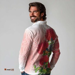New Zealand Fantail Long Sleeve Polo Shirt Maori Koru With Pohutukawa Flowers LT05