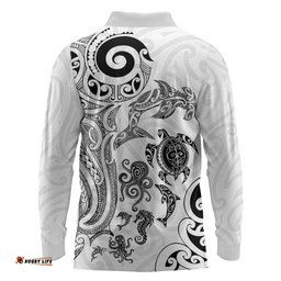 New Zealand Sea Animals with Maori Tribal Tattoo Long Sleeve Polo Shirt White Color LT03