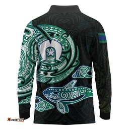 Whale and Dhari Torres Strait Islands Long Sleeve Polo Shirt Deep Green Oceanic Tribal Pattern Art TS04