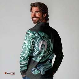 Whale and Dhari Torres Strait Islands Long Sleeve Polo Shirt Deep Green Oceanic Tribal Pattern Art TS04