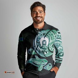 Whale and Dhari Torres Strait Islands Long Sleeve Polo Shirt Deep Green Oceanic Tribal Pattern Art TS04