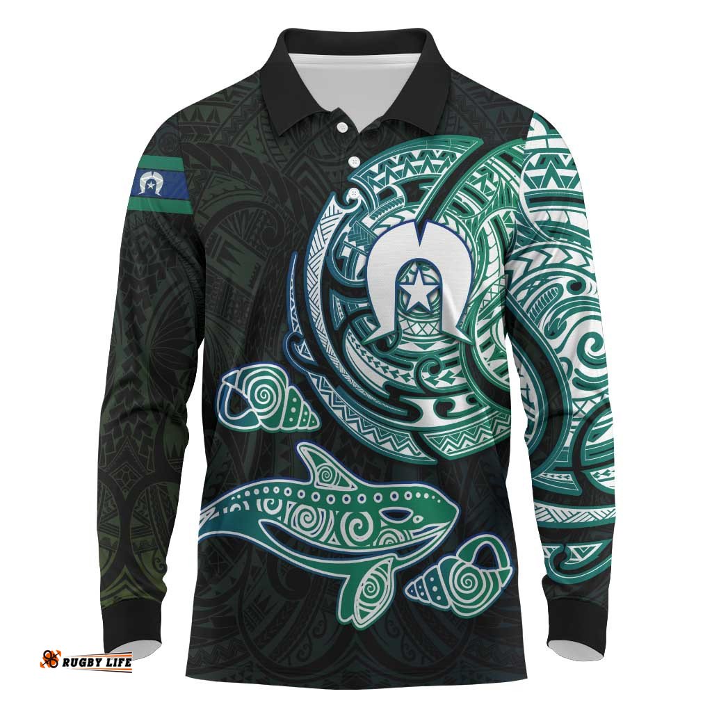 Whale and Dhari Torres Strait Islands Long Sleeve Polo Shirt Deep Green Oceanic Tribal Pattern Art TS04