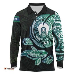 Whale and Dhari Torres Strait Islands Long Sleeve Polo Shirt Deep Green Oceanic Tribal Pattern Art TS04