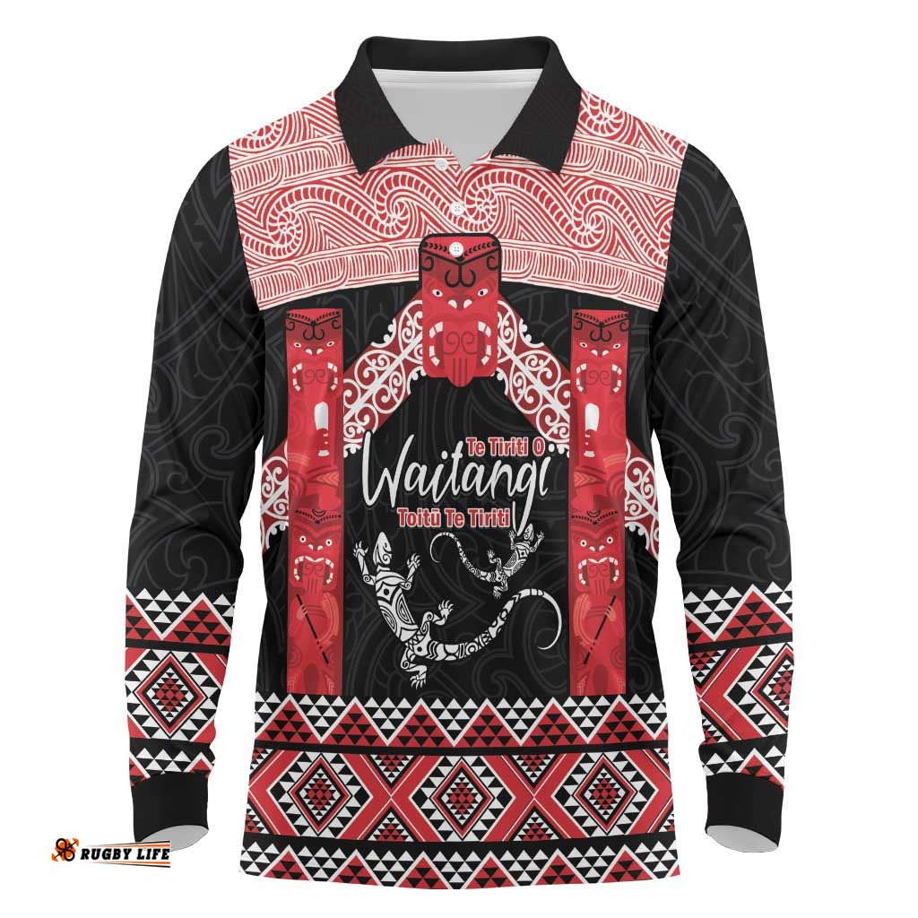 Toitu Te Tiriti O Waitangi Long Sleeve Polo Shirt Maori Wharenui With Taniko Motifs LT14