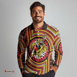 Richmond Football Club Long Sleeve Polo Shirt Indigenous Monochrome Dot Art Mascot Style TS04