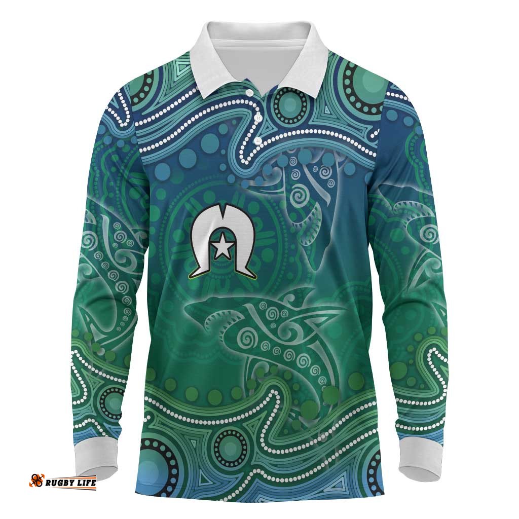 Torres Strait Islands Long Sleeve Polo Shirt Shark Indigenous Australian Tribal Dot Art TS04
