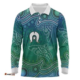 Torres Strait Islands Long Sleeve Polo Shirt Shark Indigenous Australian Tribal Dot Art TS04
