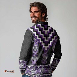 Purple Taniko Pattern Aotearoa Long Sleeve Polo Shirt Niho Taniwha Mix Poutama LT14