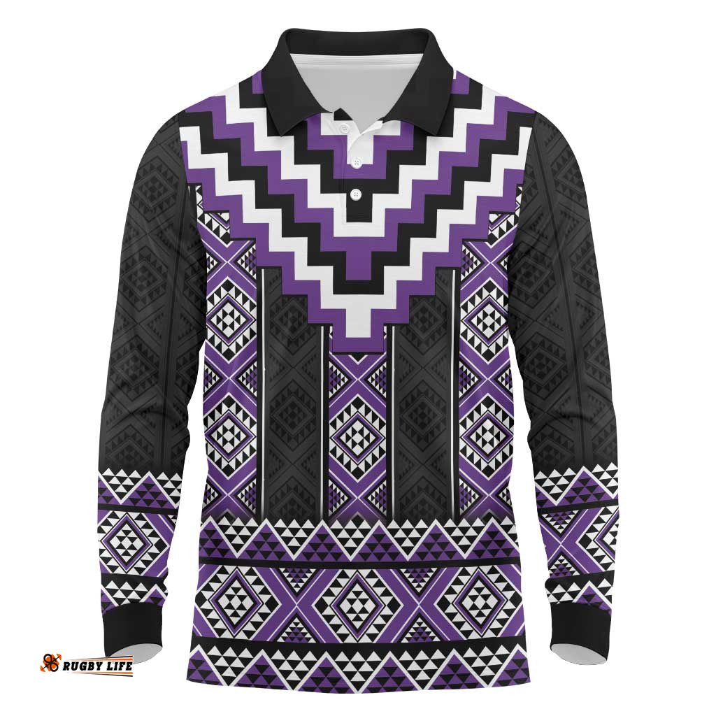 Purple Taniko Pattern Aotearoa Long Sleeve Polo Shirt Niho Taniwha Mix Poutama LT14