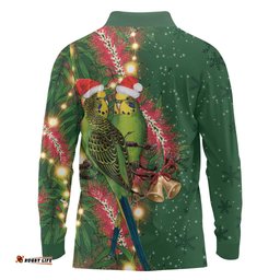 Green Budgerigars on Callistemon Long Sleeve Polo Shirt Merry Christmas Aussie LT7