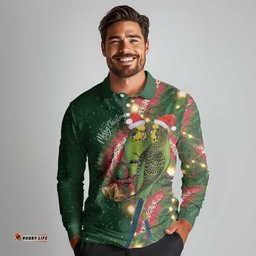 Green Budgerigars on Callistemon Long Sleeve Polo Shirt Merry Christmas Aussie LT7