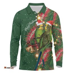 Green Budgerigars on Callistemon Long Sleeve Polo Shirt Merry Christmas Aussie LT7