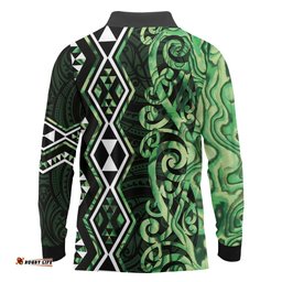 Green Aotearoa Long Sleeve Polo Shirt Taniko Motifs With Paua Shell Kowhaiwhai LT14