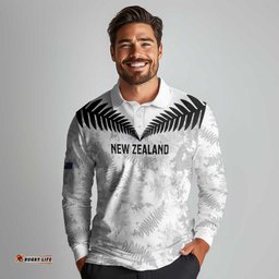 Custom New Zealand Silver Fern Football Long Sleeve Polo Shirt Go Aotearoa Grunge White LT14