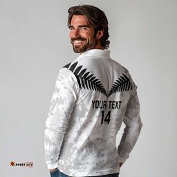 Custom New Zealand Silver Fern Football Long Sleeve Polo Shirt Go Aotearoa Grunge White LT14