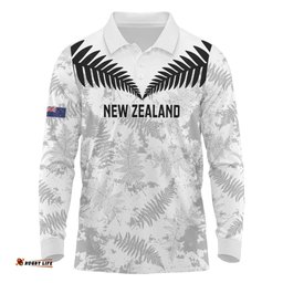Custom New Zealand Silver Fern Football Long Sleeve Polo Shirt Go Aotearoa Grunge White LT14