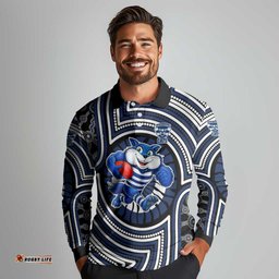 Geelong Cats Long Sleeve Polo Shirt Indigenous Monochrome Dot Art Mascot Style TS04