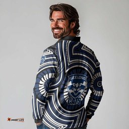 Geelong Cats Long Sleeve Polo Shirt Indigenous Monochrome Dot Art Mascot Style TS04