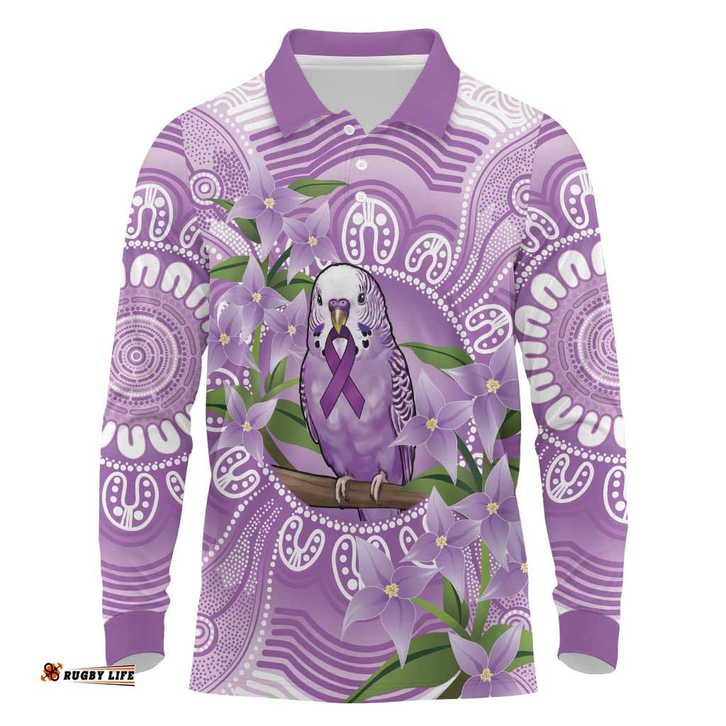 Epilepsy Awareness Budgerigar Australia Long Sleeve Polo Shirt Budgie Purple Ribbon Boronia Aboriginal LT14