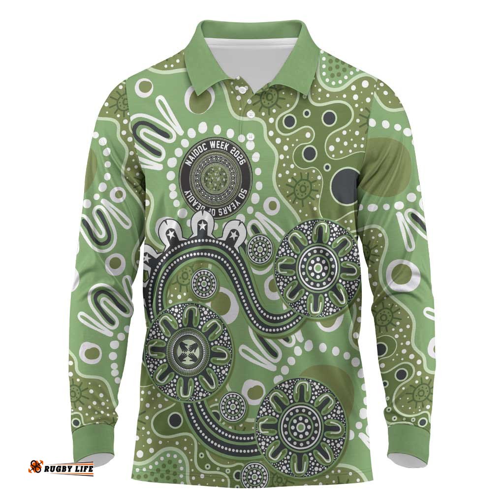 Personalised NAIDOC Week 50 Years Deadly Always Long Sleeve Polo Shirt Green Aboriginal Artwork Dot Painting LT9