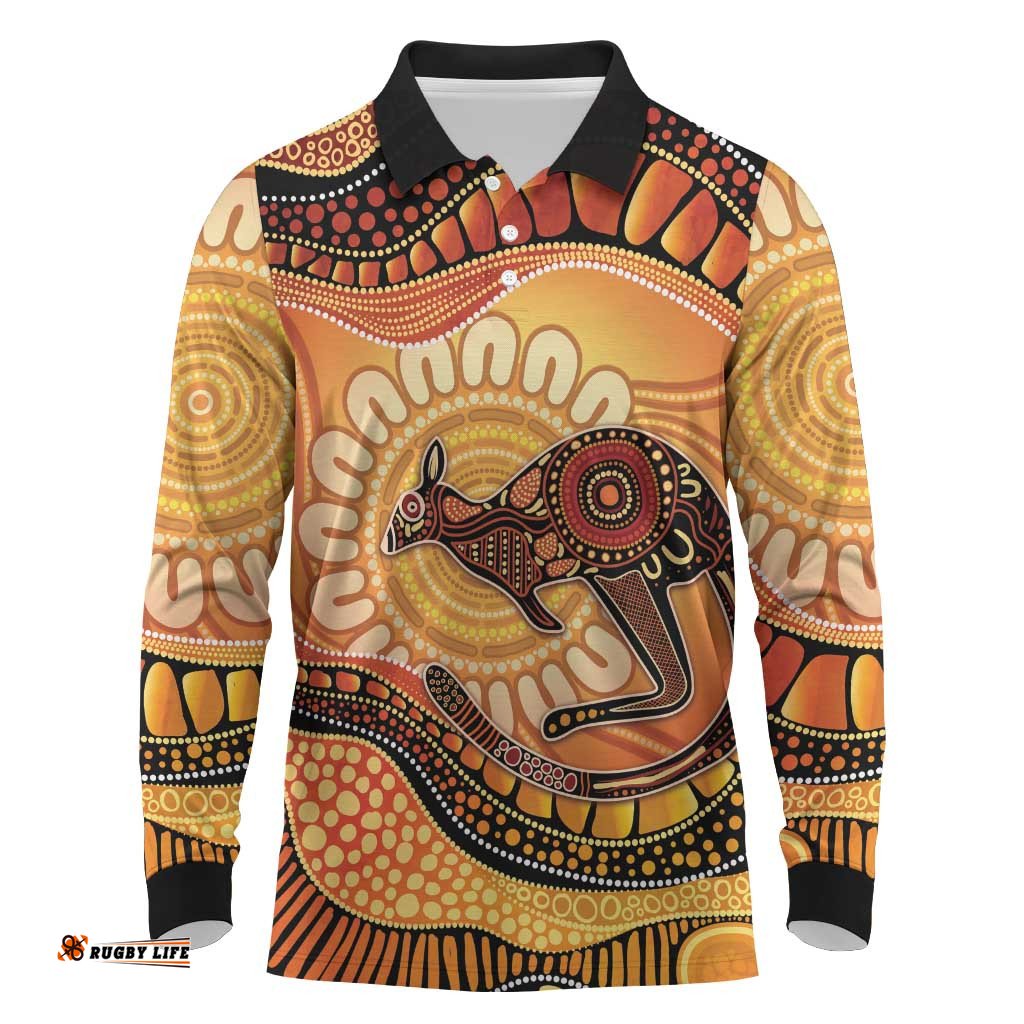 Indigenous Kangaroo Australia Long Sleeve Polo Shirt Australian Aboriginal Art Proud LT14